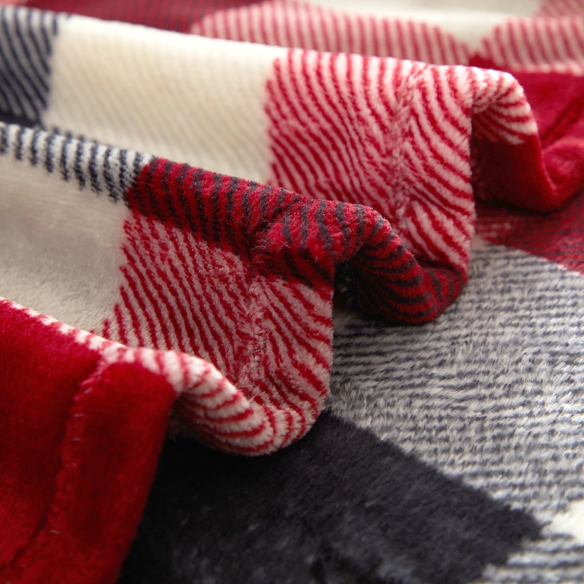 Reversible Sherpa Cozy Plush Throw Blanket, Red Plaid 50" x 60" All Ages - Cozy Fleece Throw Blanket for Couch & Bed Detail