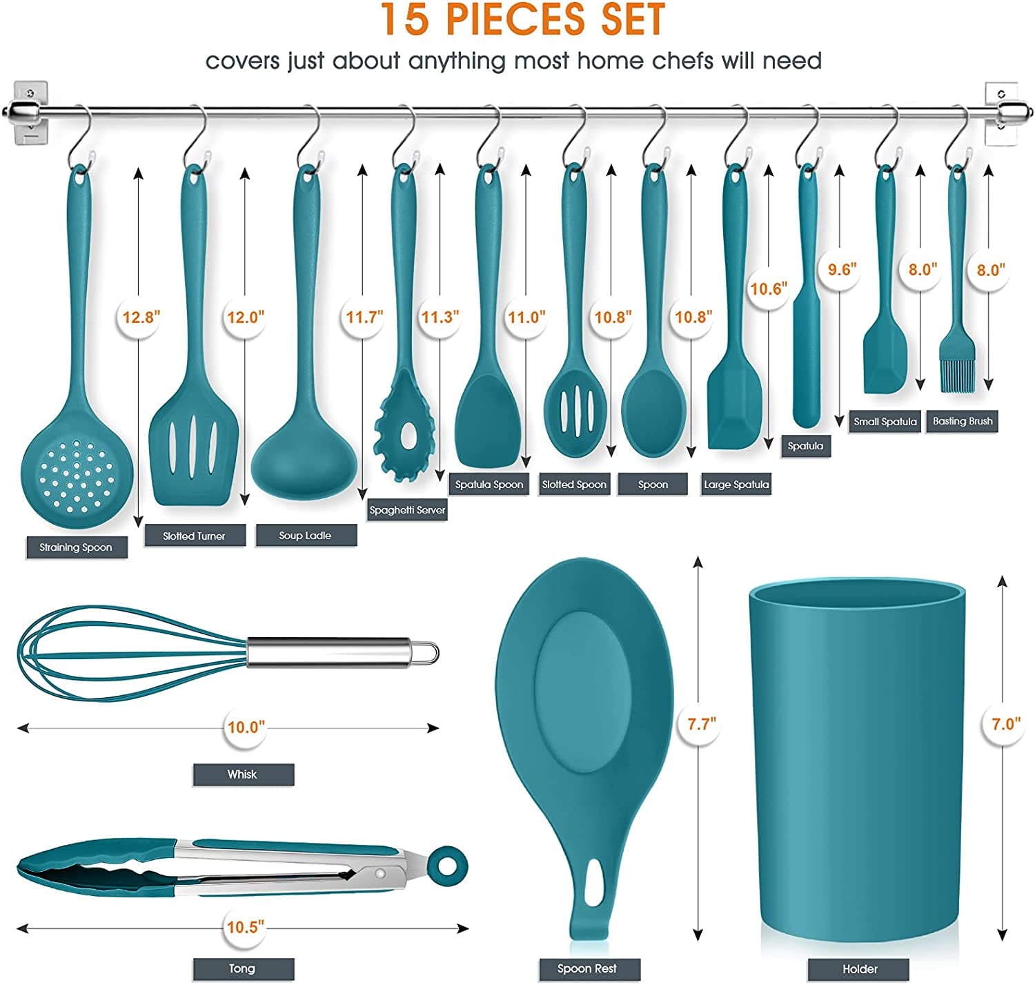 Ergonomic Cooking 15-Piece Kitchen Utensils Set, Silicone Cooking Utensils with Holder, Non-stick Cookware Friendly & Heat Resistant - ... - Ergonomic Kitchen Tongs and Cooking Spoon Utensil Detail