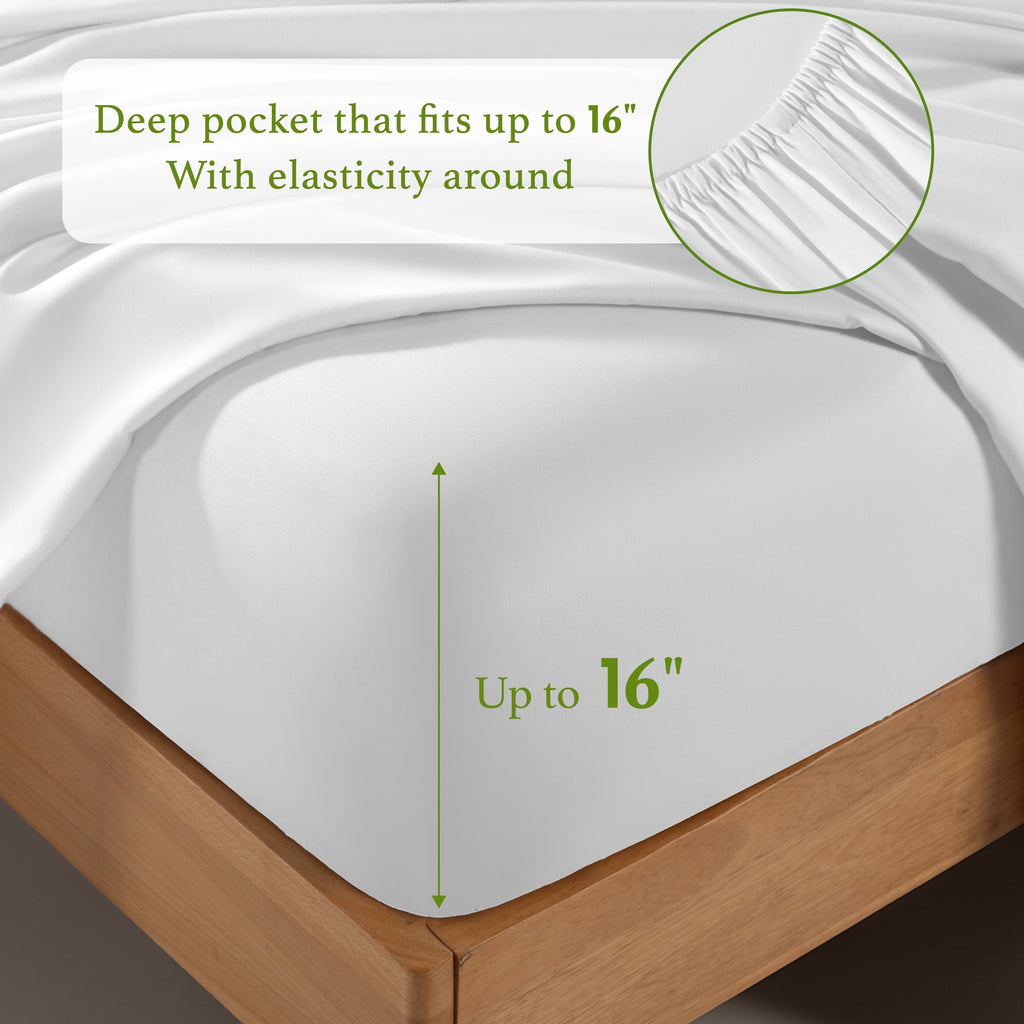 Cooling Sateen Bamboo Sheets Set, 4-Piece Queen Sheet Set with 16" Deep Pockets, Soft and Breathable Bed Sheets, White - Premium Ultra-Soft Pillowcase Pair for Sleeping Detail