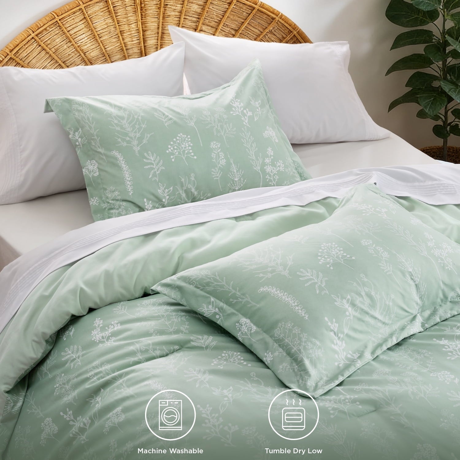 All-Season 3 Pieces Sage Green Floral Comforter Sets, 1 Botanical Flowers Reversible Comforter and 2 Pillow Shams, Queen Size Be... - All-Season Down Alternative Comforter Insert Detail