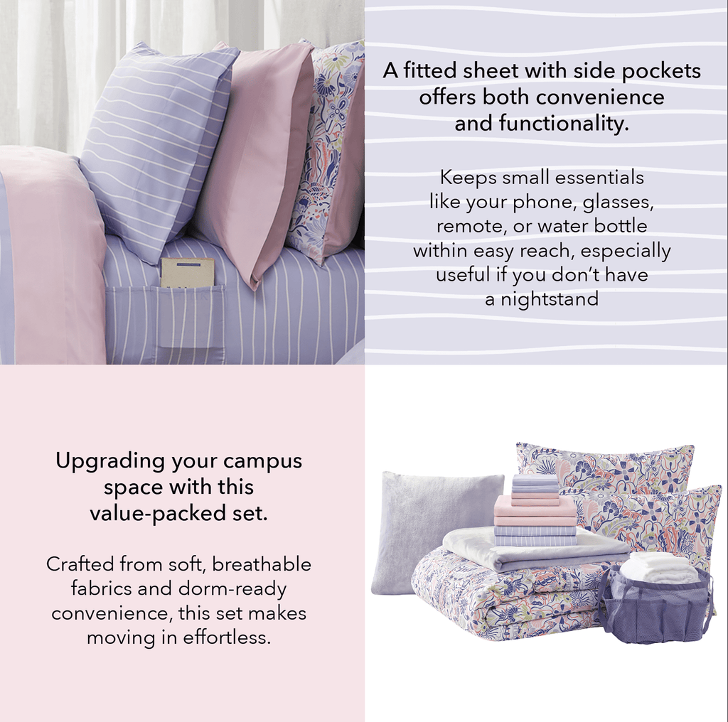 Hypoallergenic Cloud 14pc College Dorm Essentials Bundle, Twin-XL, Reversible Bed in a Bag Comforter Set, Purple Floral - Cloud-Like Soft Lightweight Bed Comforter Detail
