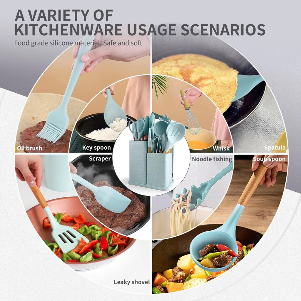 Seamless One-Piece Silicone Kitchen Cooking Utensils Set, 19 Pieces Utensil with Holder, Heat Resistant, Green - Premium Stainless Steel Cooking Utensil for Non-Stick Pots Detail