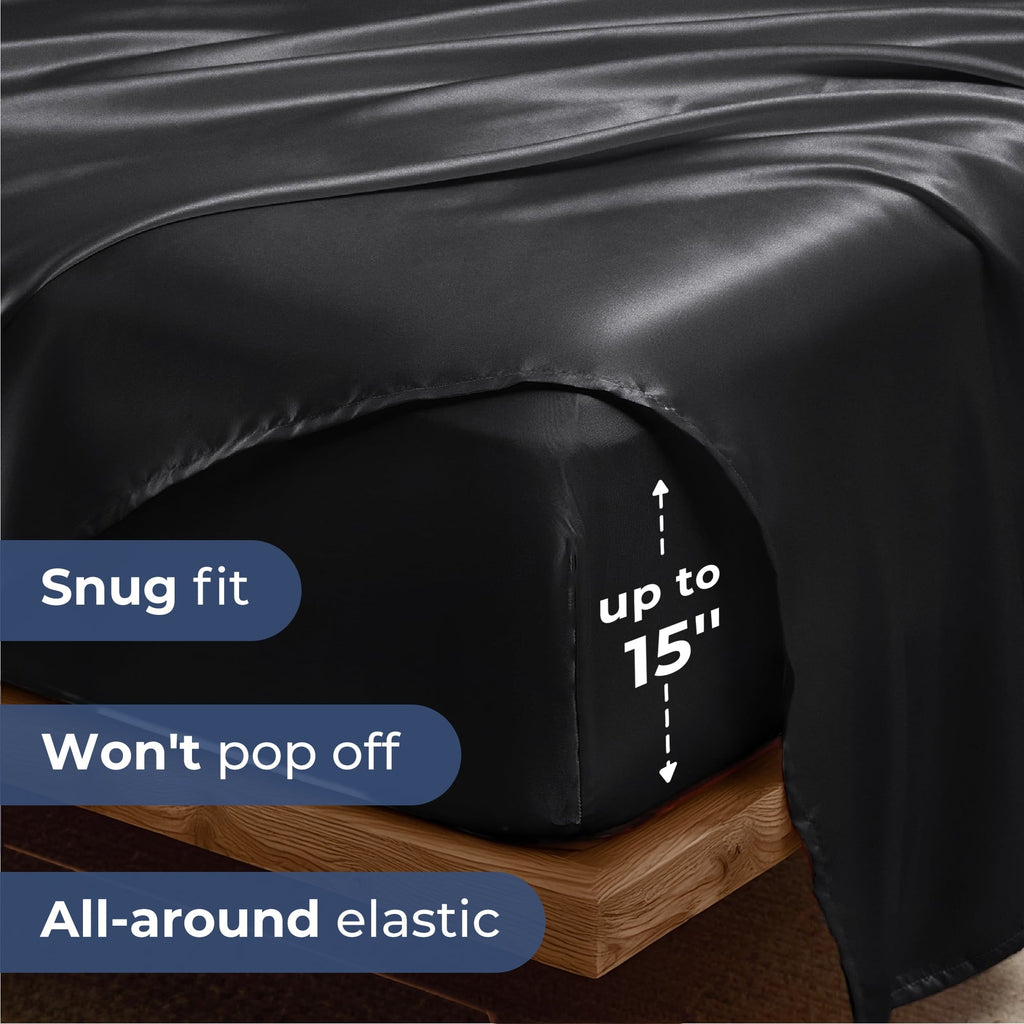 Wrinkle-Resistant Set, Queen, Silky Bed s, 4 Pieces,Black - Breathable Egyptian Cotton Flat & Fitted Sheets Detail