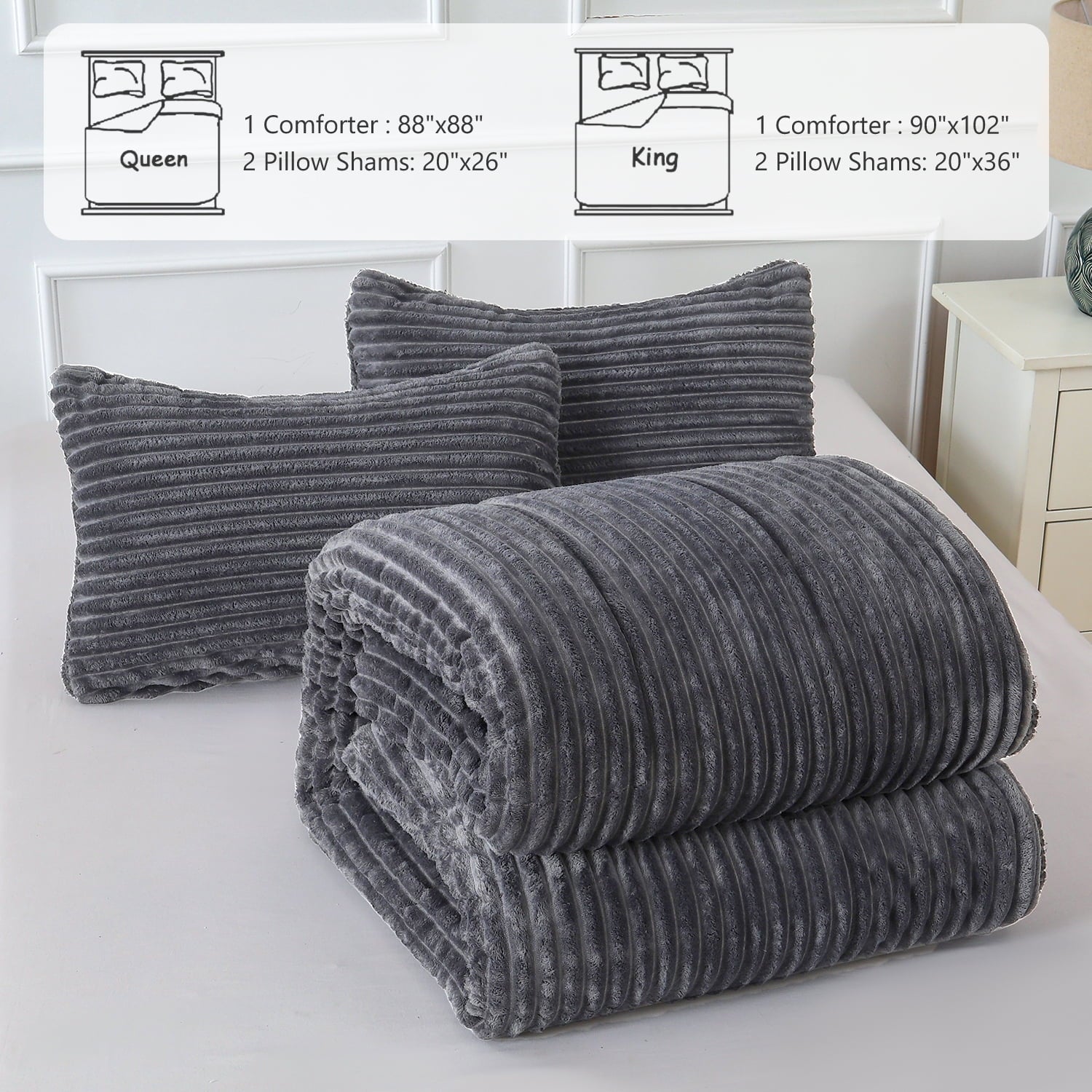 All-Season 3 Piece Fleece Queen Comforter Set - Soft & Warm Fluffy Dark Gray Sherpa Bedding , Fuzzy Heavy Double Sided Design Wi... - Luxurious Quilted Duvet Cover Set Detail