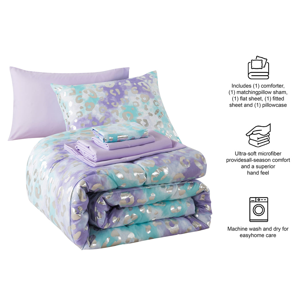 All-Season 5-Piece Purple Metallic Foil Cheetah Bedding Set for Kids with Storage Bag, Twin - Luxurious Quilted Duvet Cover Set Detail