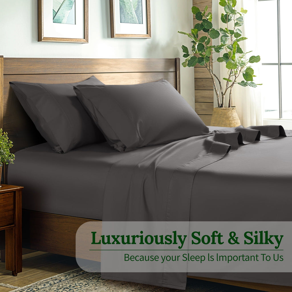 Wrinkle-Resistant 100% Cotton Bed Sheets Set, 1000 Thread Count 4 Piece Luxury Soft Sheets Set with 16" Deep Pocket, Queen, Dark Gray - Luxury Bed Sheet Set with Deep Pockets Detail
