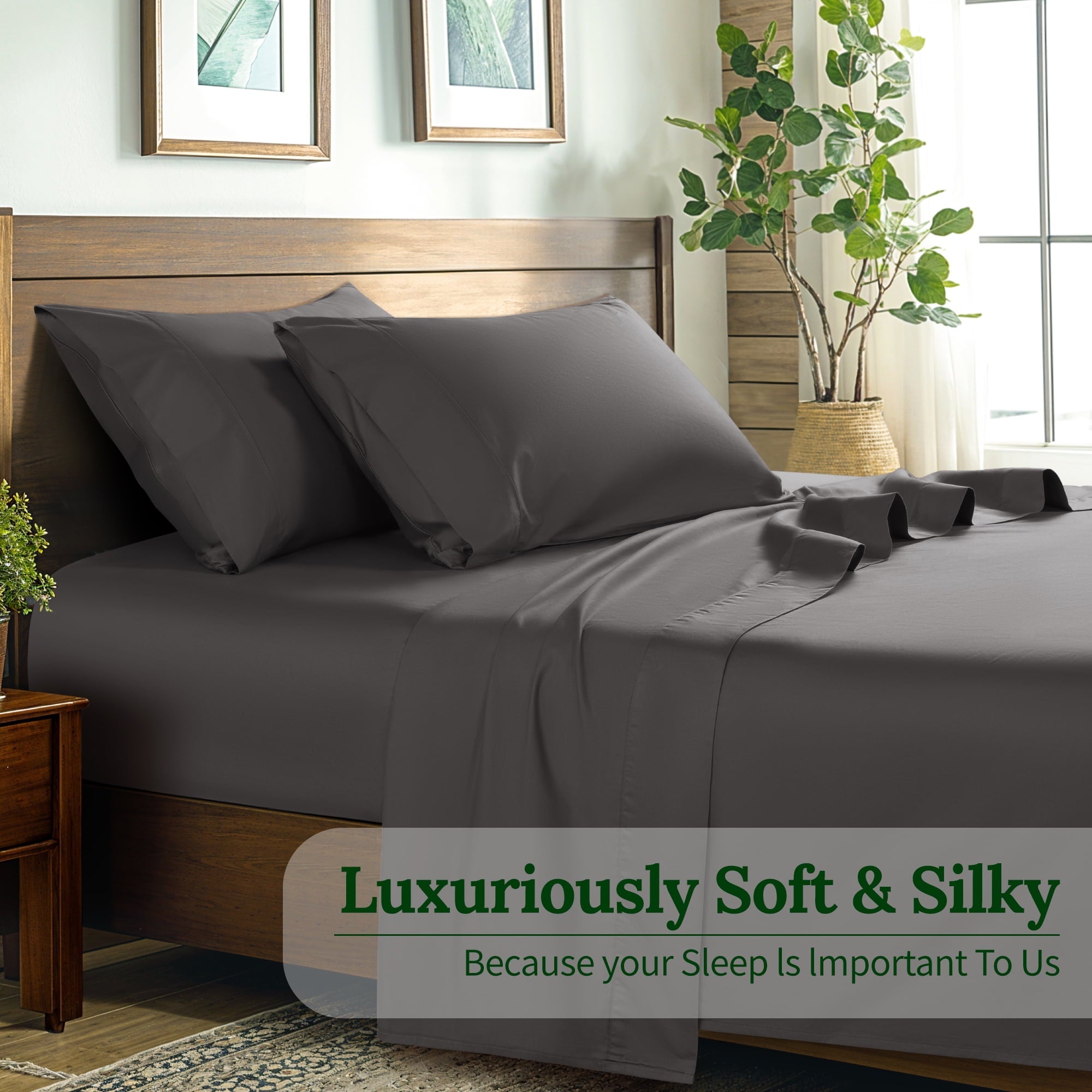 Wrinkle-Resistant 100% Cotton Bed Sheets Set, 1000 Thread Count 4 Piece Luxury Soft Sheets Set with 16" Deep Pocket, Queen, Dark Gray - Luxury Bed Sheet Set with Deep Pockets Detail