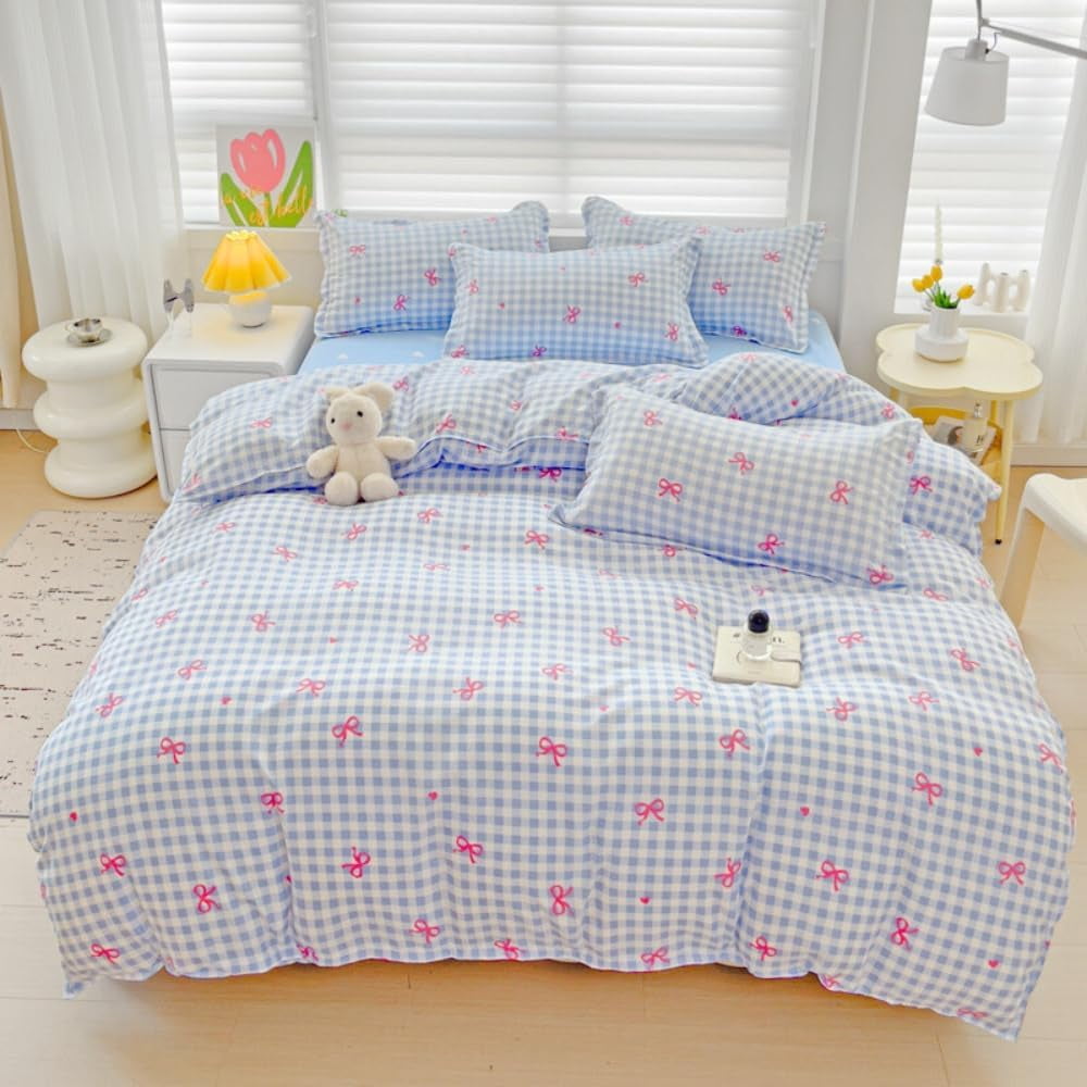 Fluffy Down Alternative 3-Piece Blue Plaid Pink Bows Comforter Full Set , Cute Soft Bedding Set for Kids Adults - All-Season Down Alternative Comforter Insert Detail