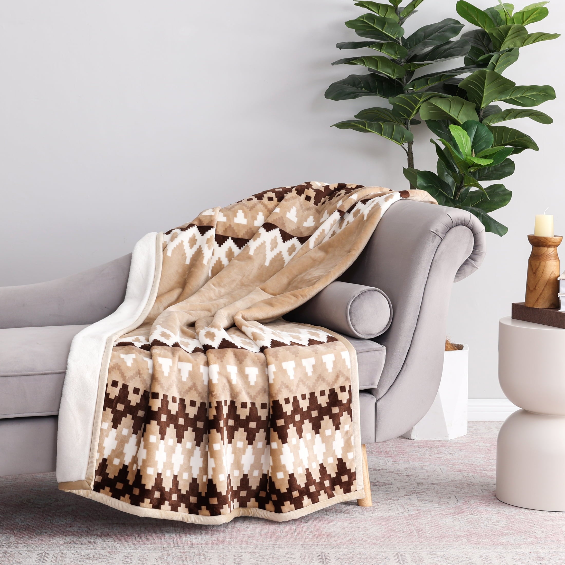 Decorative Knitted Printed Velvet Plush Reverse to Faux Fur Super Soft Throw Blanket, Oversized, Linder Border Beige - Cozy Fleece Throw Blanket for Couch & Bed Detail