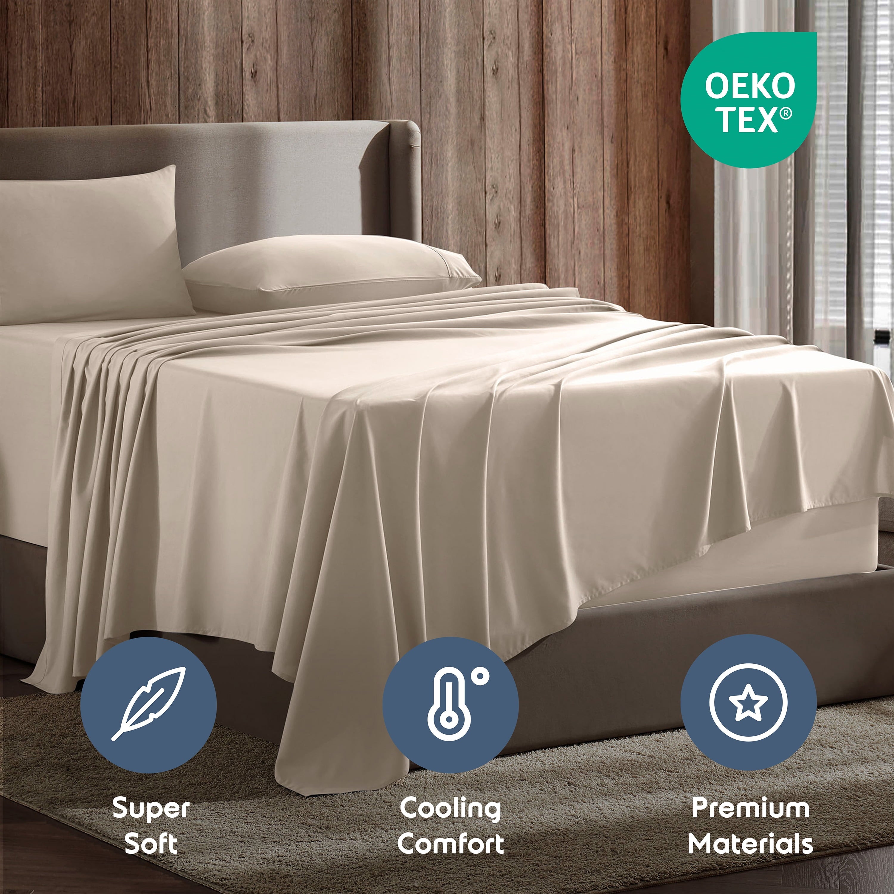 Cooling Sateen King Sheet Sets, 1800 Series Deep Pocket 4 Piece, Luxury Soft Microfiber Bed Sheet Sets, BEIGE CREAM - Luxury Bed Sheet Set with Deep Pockets Detail
