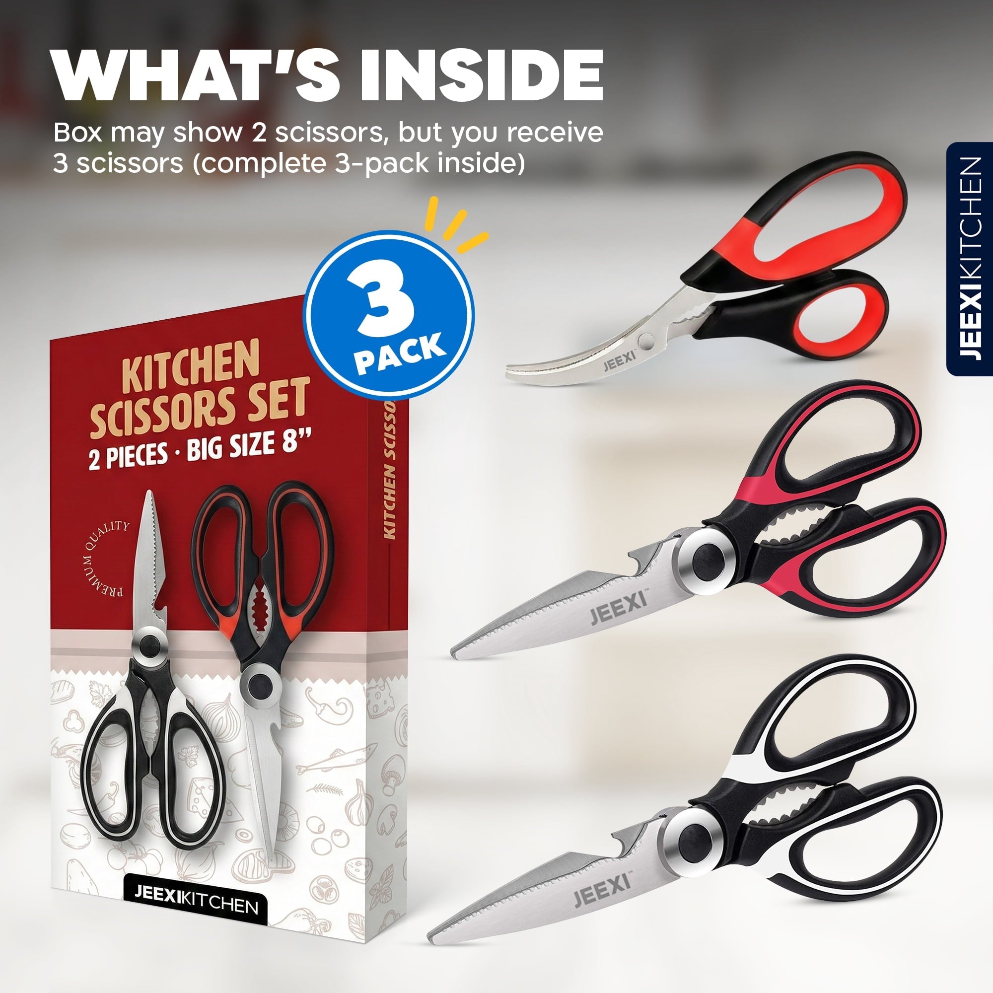 Ergonomic Manual 3 Pack Kitchen Scissors, Ultra-Sharp Premium Stainless Steel Heavy Duty Kitchen Shears & Multi Purpose Poultry Shears... - Innovative Kitchen Helper for Modern Cooking Detail