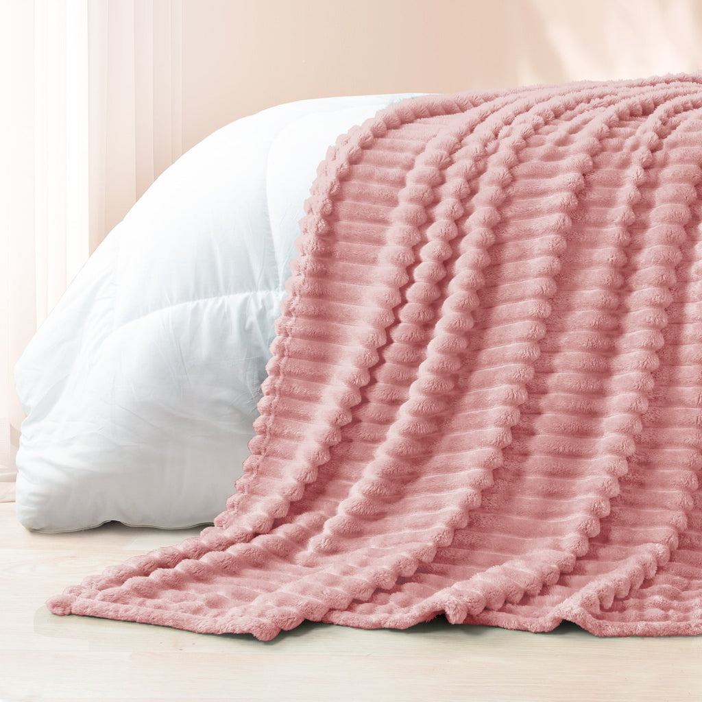 Decorative Knitted Fleece Throw Blanket for Couch, Super Soft 3D Striped Jacquard Blanket, Lightweight Fuzzy Cozy Blankets, Pink, 50"x60" - Luxury Knitted Decorative Throw Blanket with Fringes Detail