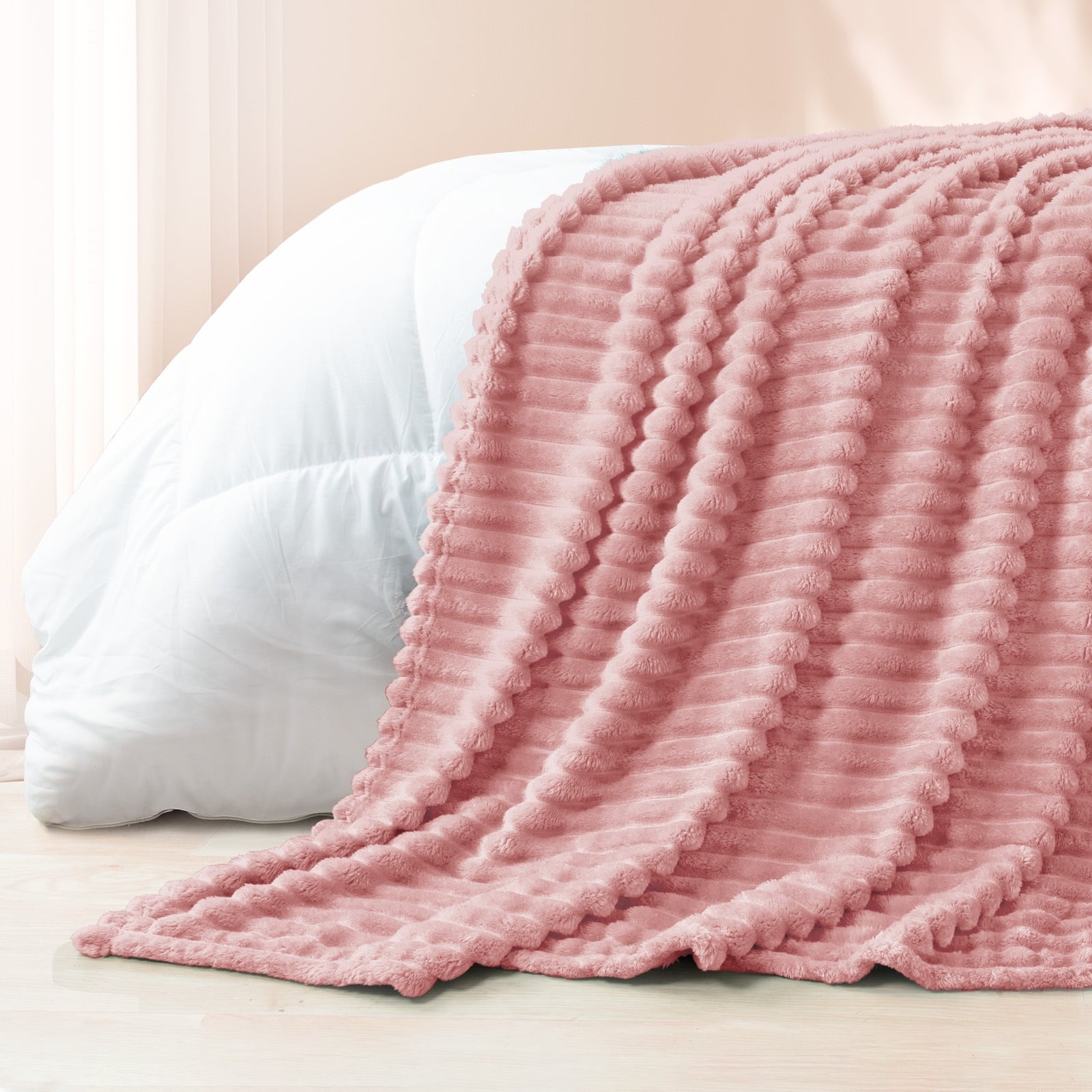 Decorative Knitted Fleece Throw Blanket for Couch, Super Soft 3D Striped Jacquard Blanket, Lightweight Fuzzy Cozy Blankets, Pink, 50"x60" - Luxury Knitted Decorative Throw Blanket with Fringes Detail