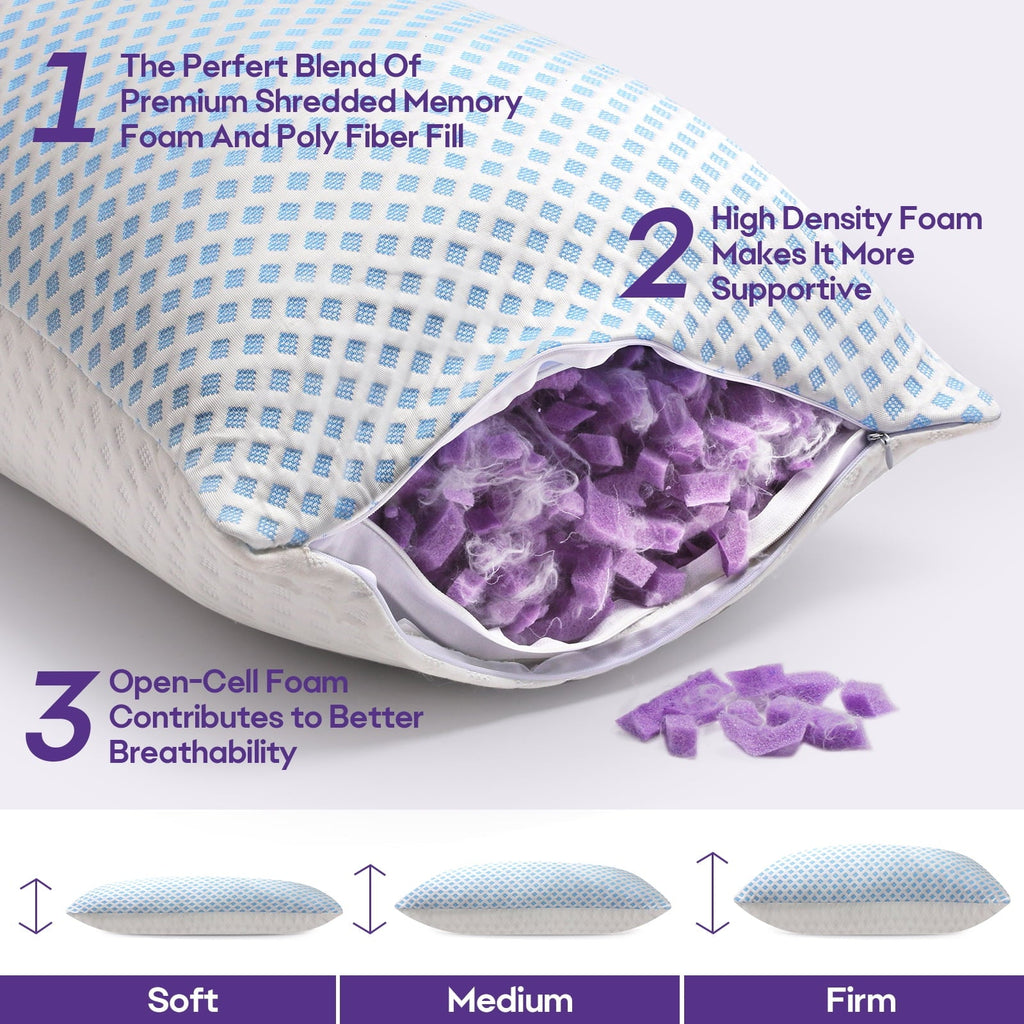 Fluffy Shredded Cooling Pillows for Bed Sleeping Shredded Memory Foam Pillows Queen Size Set of 2 Pack 20 x 30 inches - Hotel Quality Plush Sleeping Pillows Detail