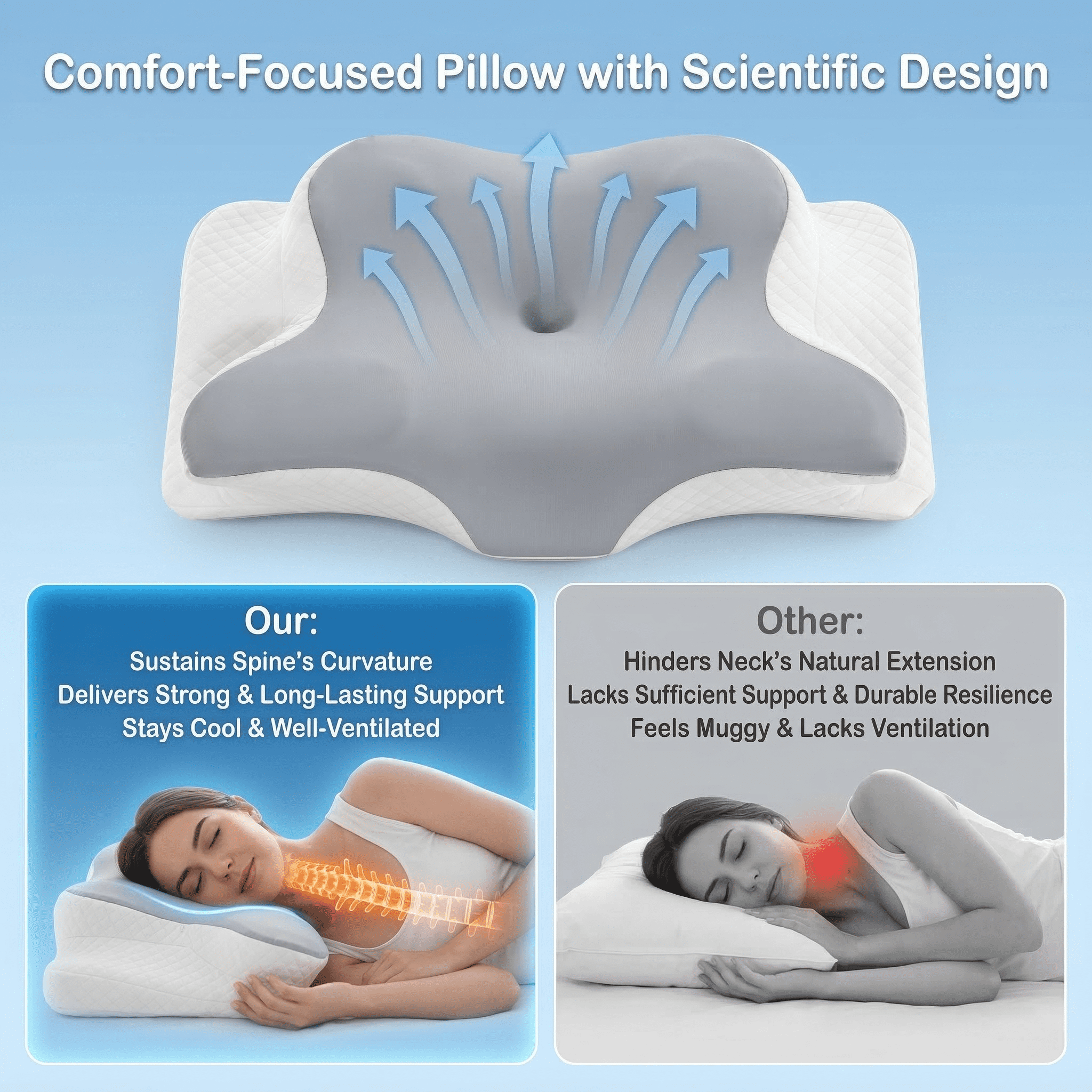 Decorative Plump Memory Foam Contour Pillows - Neck Pain Relief, Orthopedic Cervical, Breathable Washable Cover - Orthopedic Shredded Foam Bed Pillow Set Detail