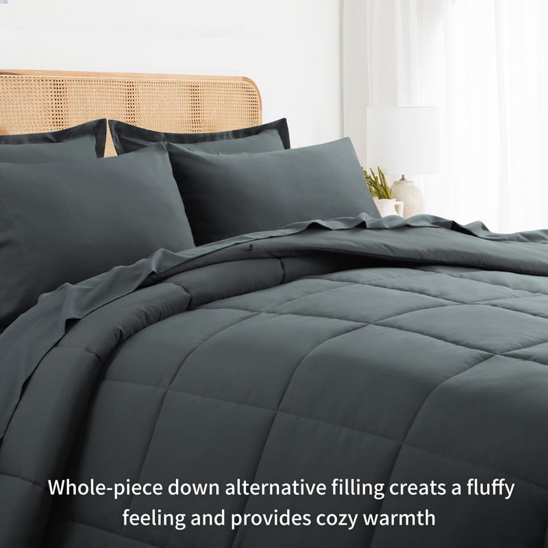 Fluffy Down Alternative 7 Pieces Comforter Set with Sheets - Bed in a Bag with Comforter and All Season Sheets, Pillowcases,Dark Gray,Queen - Cloud-Like Soft Lightweight Bed Comforter Detail