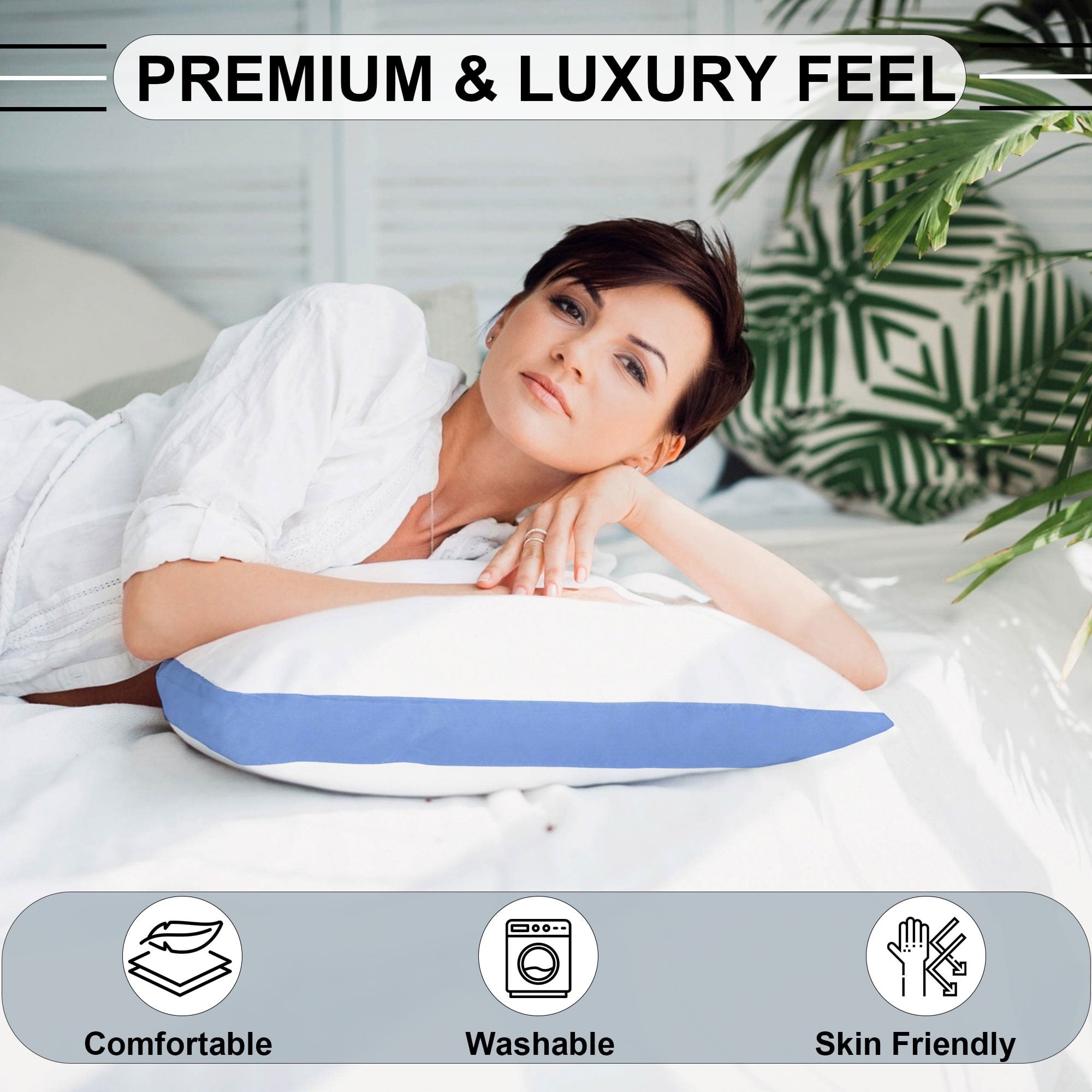 Decorative Plump Gusseted Queen 18x26 Bed Pillows for Sleeping Set of 2 Polycotton White Blue Stripe Comfortable - Hotel Quality Plush Sleeping Pillows Detail