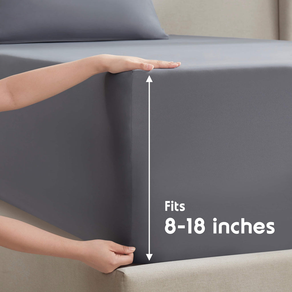 Breathable Luxury Sheet Sets, Deep Pocket 4 Piece, Luxury Soft Microfiber Bed Sheet Sets, GRAY - Breathable Egyptian Cotton Flat & Fitted Sheets Detail