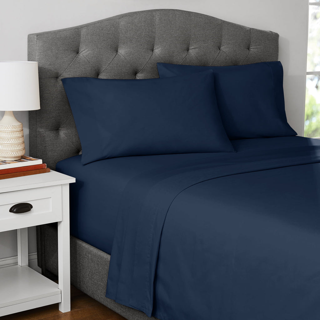 Wrinkle-Resistant 300 Thread Count Easy Care Blue Cove Cotton Blend Percale Flat Bed Sheet, King - Breathable Egyptian Cotton Flat & Fitted Sheets Detail
