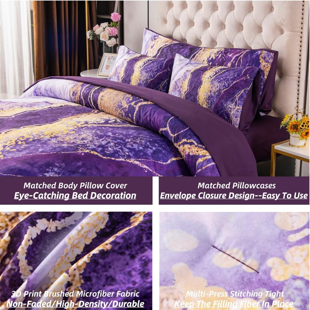 All-Season 6 Pieces Queen Size Comforter Set Purple,Watercolor Marble Colorful Purple Bedding,Ultra Soft Purple Bed Set with Com... - Luxurious Quilted Duvet Cover Set Detail