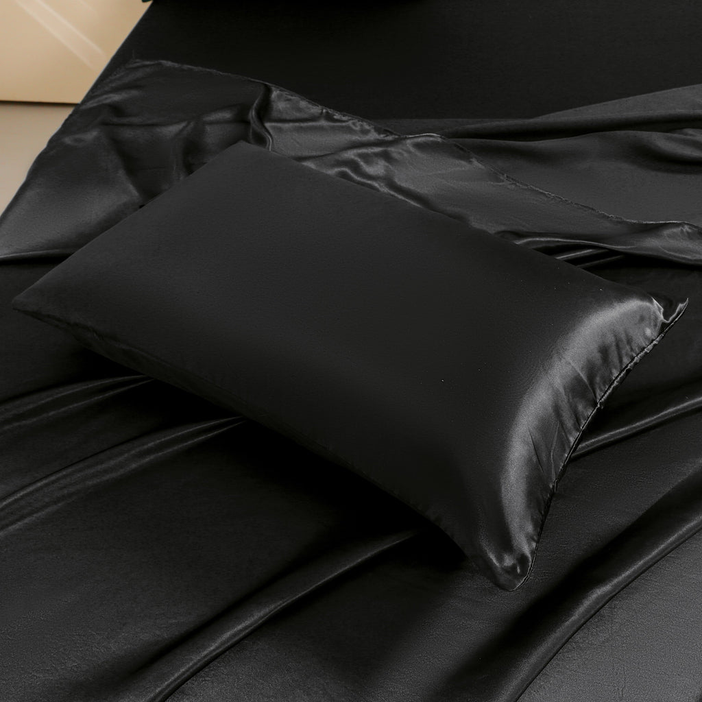 Breathable Luxury 4Pcs Black Satin Sheets Queen Set Silk Sheets 13" Deep Pocket Ultra Soft silky Bed Sheet Set - Breathable Egyptian Cotton Flat & Fitted Sheets Detail