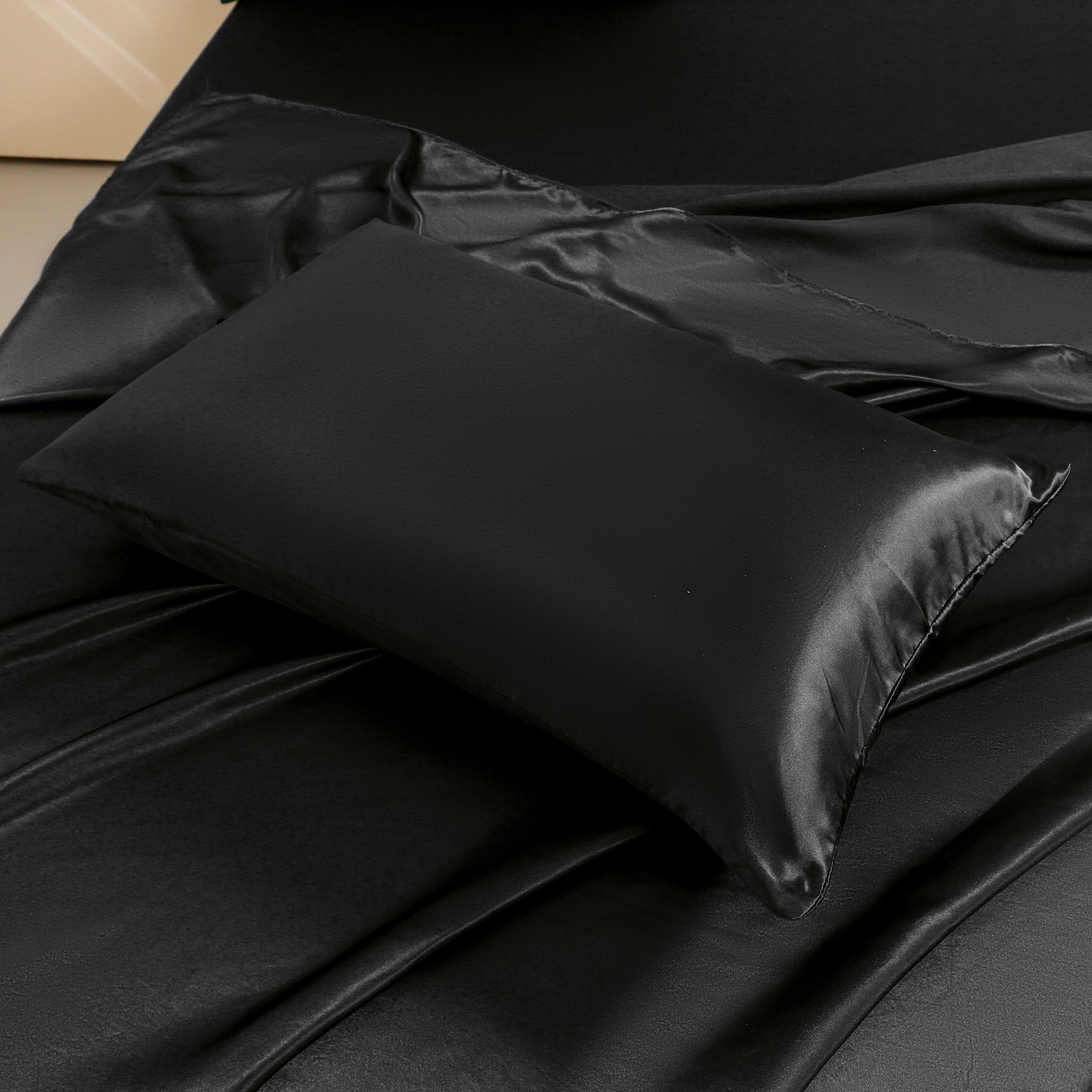 Breathable Luxury 4Pcs Black Satin Sheets Queen Set Silk Sheets 13" Deep Pocket Ultra Soft silky Bed Sheet Set - Breathable Egyptian Cotton Flat & Fitted Sheets Detail