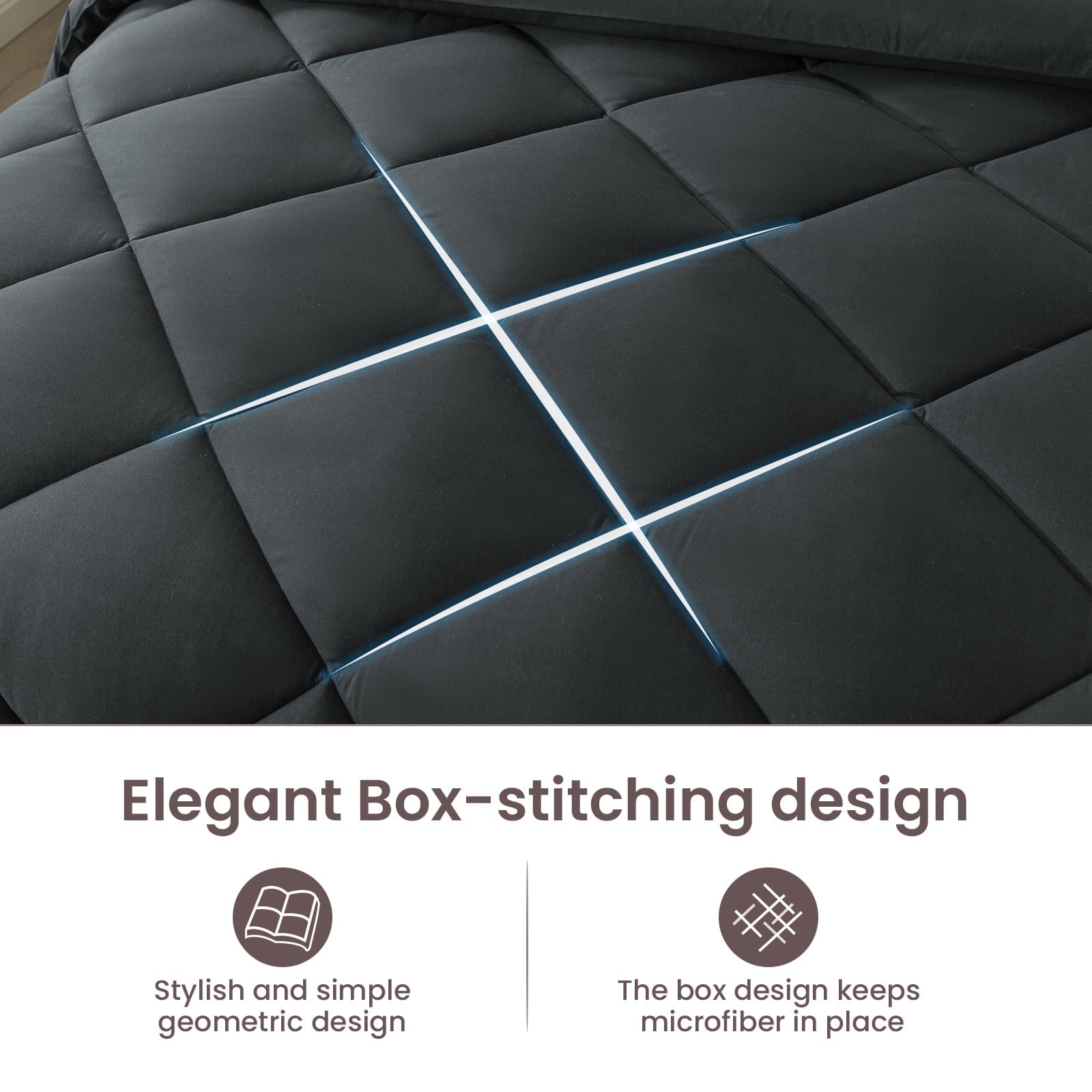Fluffy Down Alternative Queen Bed in a Bag Comforter Set with 7 Pieces - Dark Gray All Season Bedding Sets with Comforter, Pillow Shams, Flat... - Luxurious Quilted Duvet Cover Set Detail