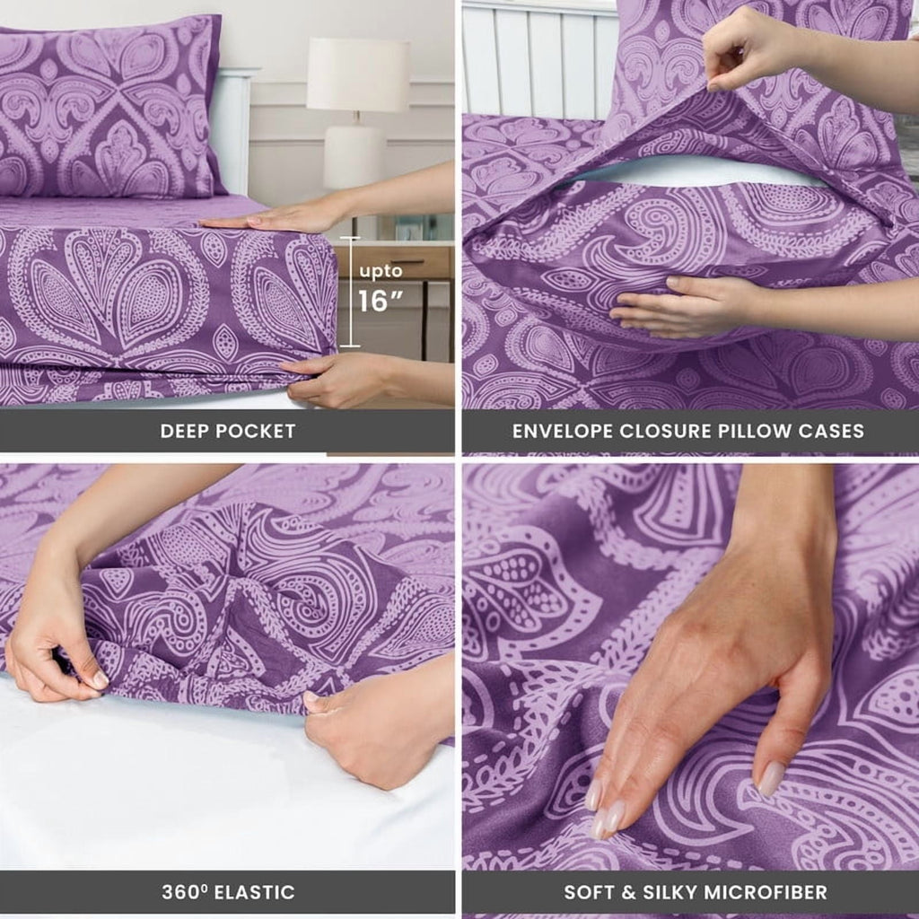 Breathable Luxury Paisley Printed Queen Bed Sheets Set, Microfiber 6 Piece Bedding Set - Purple - Cooling Hotel Quality Bedding Sheets and Pillowcases Detail