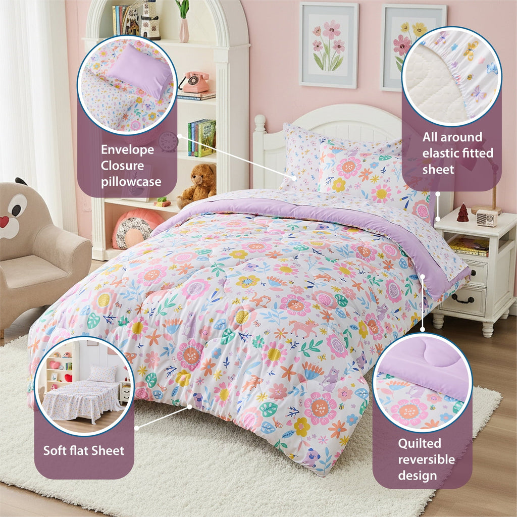 Luxurious Quilted Floral Comforter Set, Soft Microfiber Flower Bedding Set, 5 Pieces with Comforter, Sheets and Pillowcases, Twin - Hypoallergenic Ultra-Fluffy Quilt for Winter Detail