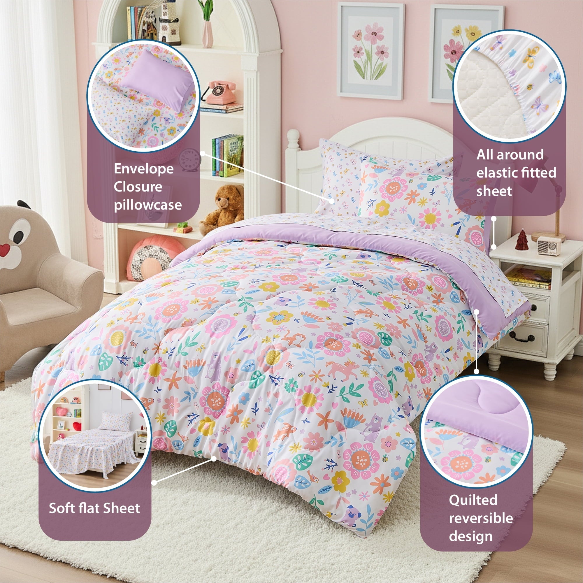 Luxurious Quilted Floral Comforter Set, Soft Microfiber Flower Bedding Set, 5 Pieces with Comforter, Sheets and Pillowcases, Twin - Hypoallergenic Ultra-Fluffy Quilt for Winter Detail