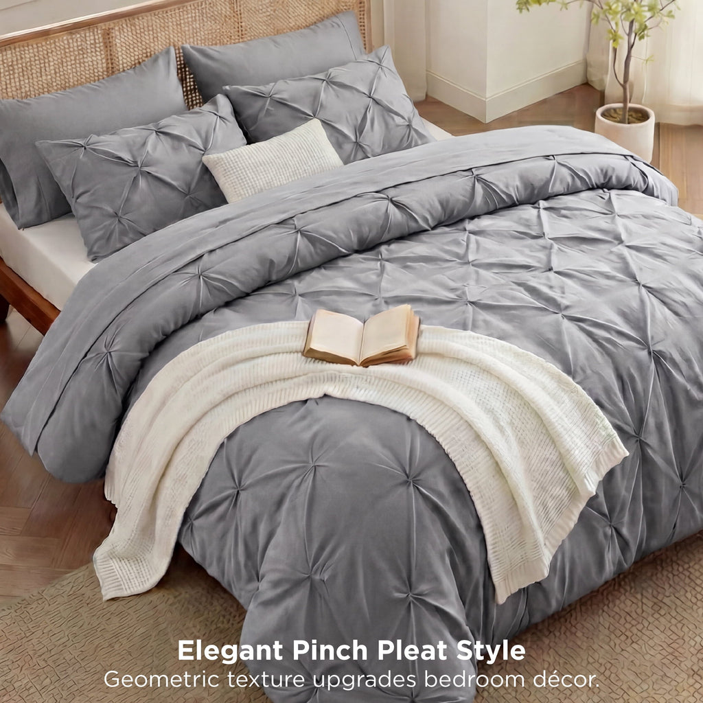 Fluffy Down Alternative Queen Comforter Set Grey, Bed in a Bag Queen Size Bedding, 7 Pieces Pinch Pleat All Season Comforter - Cloud-Like Soft Lightweight Bed Comforter Detail