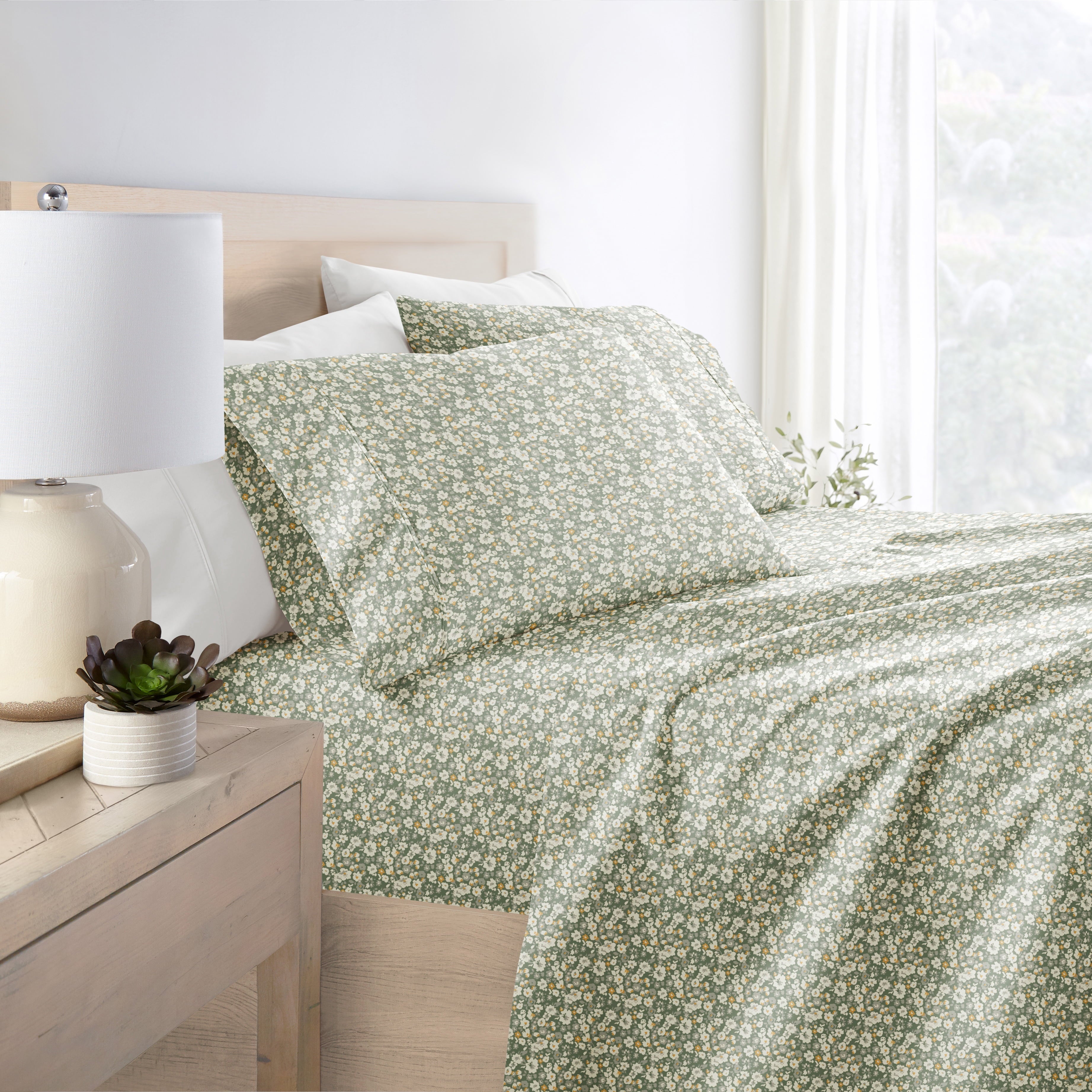 Cooling Sateen 4 Piece Pattern Microfiber Bed Sheets Set, Floral Dream Eucalyptus, Twin - Premium Ultra-Soft Pillowcase Pair for Sleeping Detail