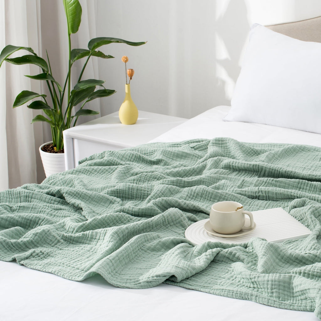 Lightweight Warm 100% Cotton Muslin Throw Blanket Gauze Blankets for Adults Soft Throws for Bed and Couch, 50" x 70" Sage Green - Luxury Knitted Decorative Throw Blanket with Fringes Detail