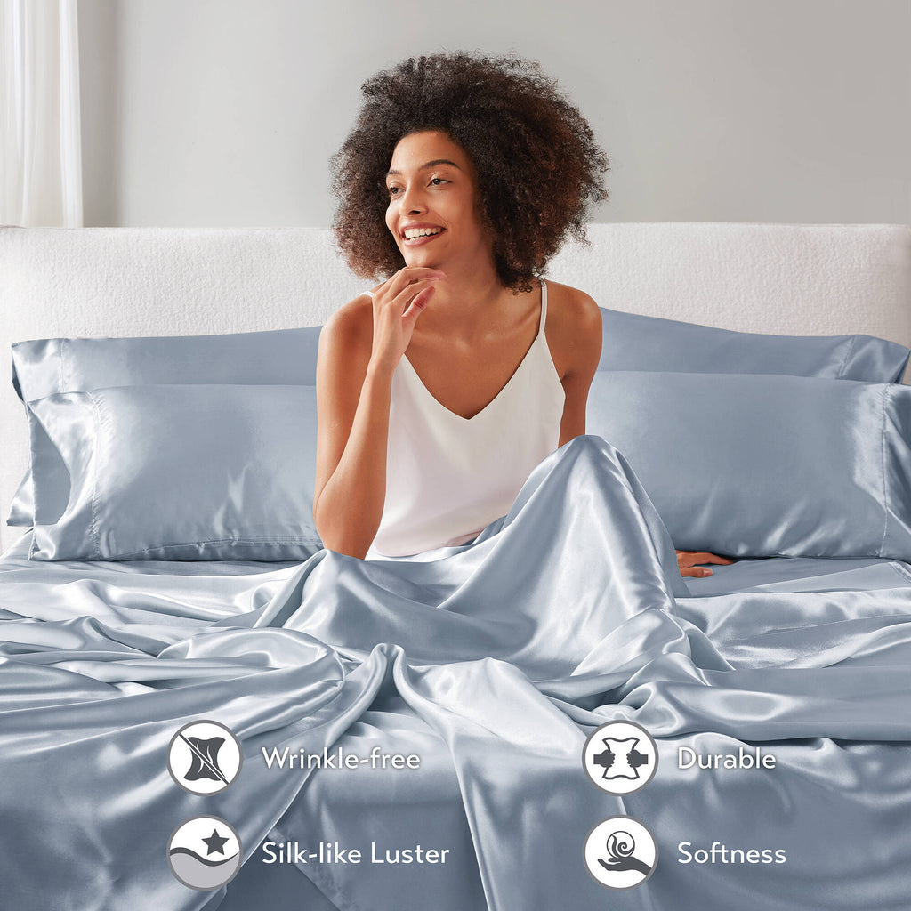 Cooling Sateen Satin Sheet Set, Twin Bed Sheets with Pillowcases, 4-Piece Luxury Silky Sheet Set, Blue, Gifts for Women - Breathable Egyptian Cotton Flat & Fitted Sheets Detail