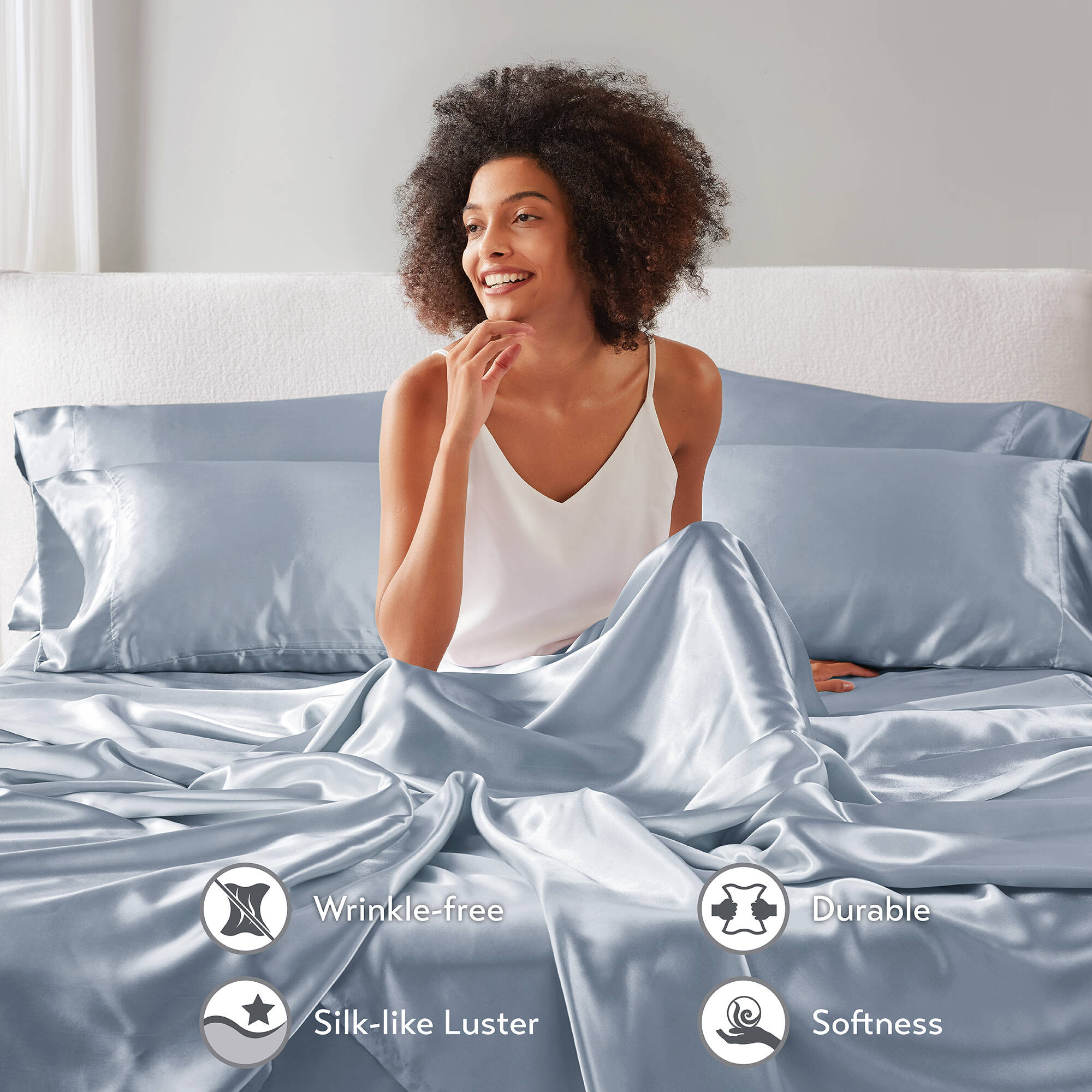 Cooling Sateen Satin Sheet Set, Twin Bed Sheets with Pillowcases, 4-Piece Luxury Silky Sheet Set, Blue, Gifts for Women - Breathable Egyptian Cotton Flat & Fitted Sheets Detail