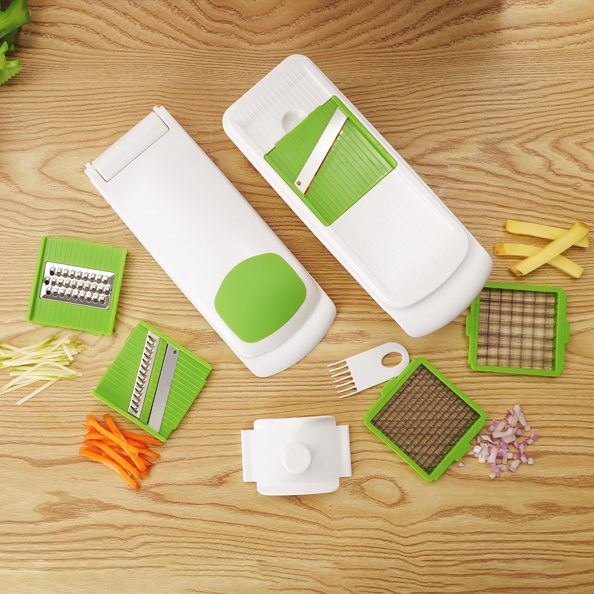 Innovative 11 Pieces Multi-Function Nice Dicer and Mandoline, Stainless Steel, Green Glaze, 820g - Multi-Functional Manual Food Chopper & Slicer Detail