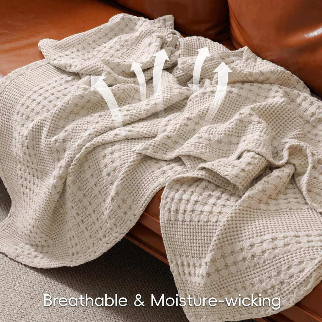 Super Soft Flannel 100% Cotton Waffle Weave Blanket, Lightweight Throw Washed Blanket for Bed Sofa Home Decor, Oatmeal, 50"x60" - Lightweight Plush Warm Blanket for All Seasons Detail