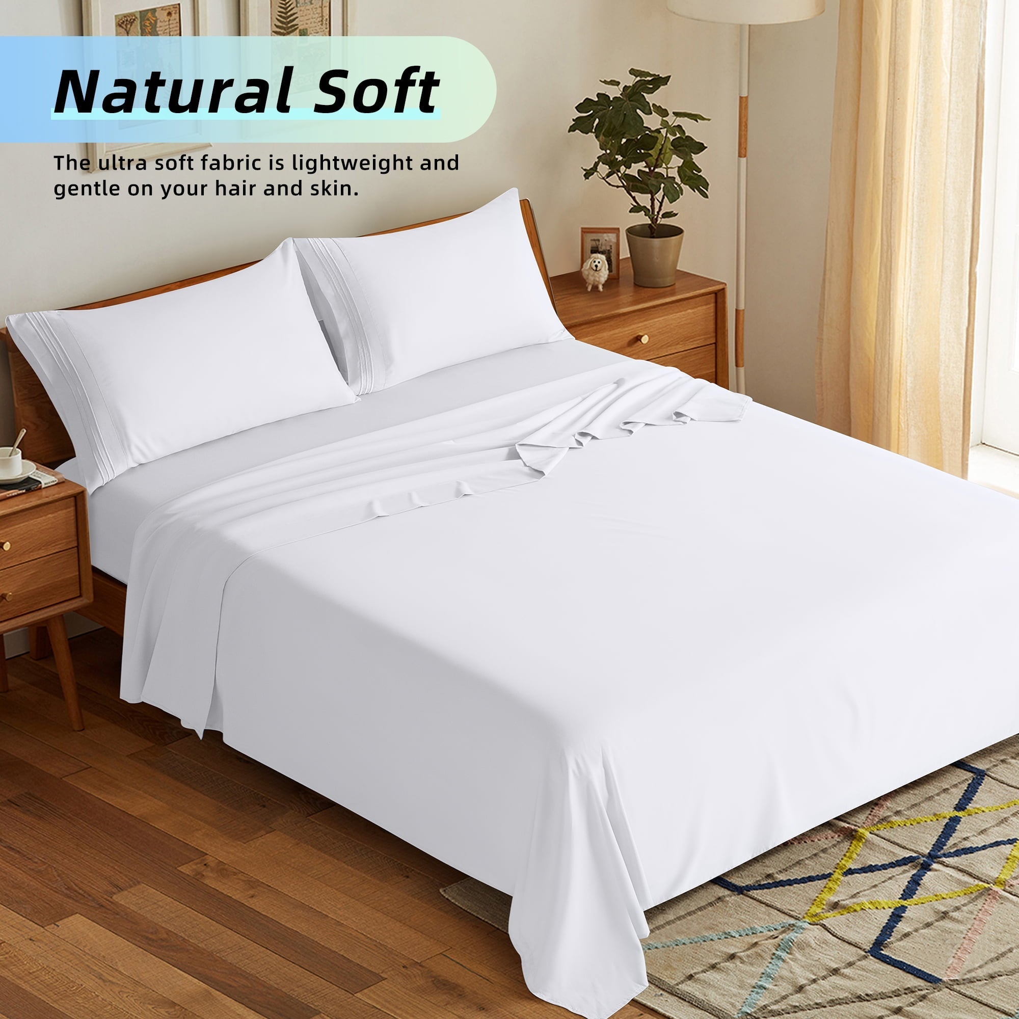 Premium Egyptian Cotton Bed Sheets Set, Microfiber Deep Pocket 4 Pieces Luxury Soft Sheet Set, Queen, White - Breathable Egyptian Cotton Flat & Fitted Sheets Detail