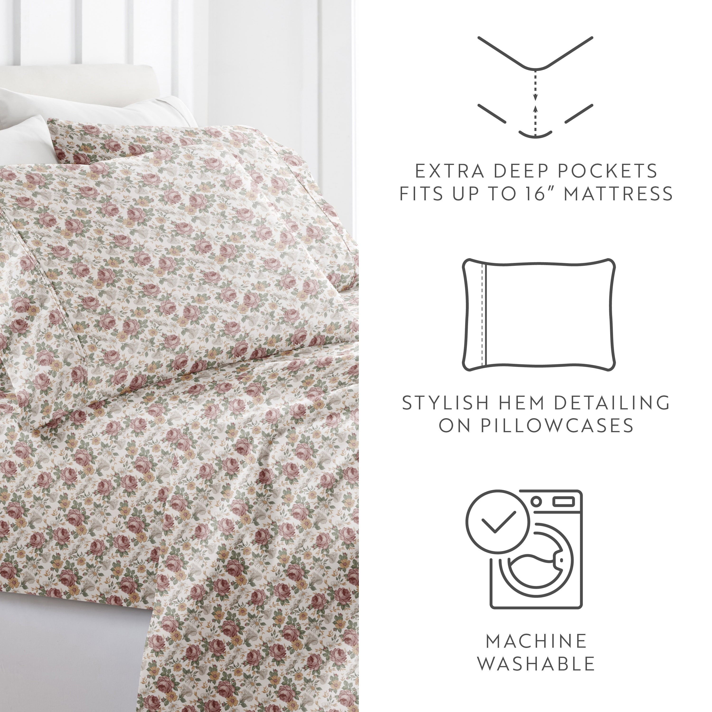 Wrinkle-Resistant 4 Piece Pattern Microfiber Bed Sheets Set, Blooming Floral Rose, Queen - Cooling Hotel Quality Bedding Sheets and Pillowcases Detail
