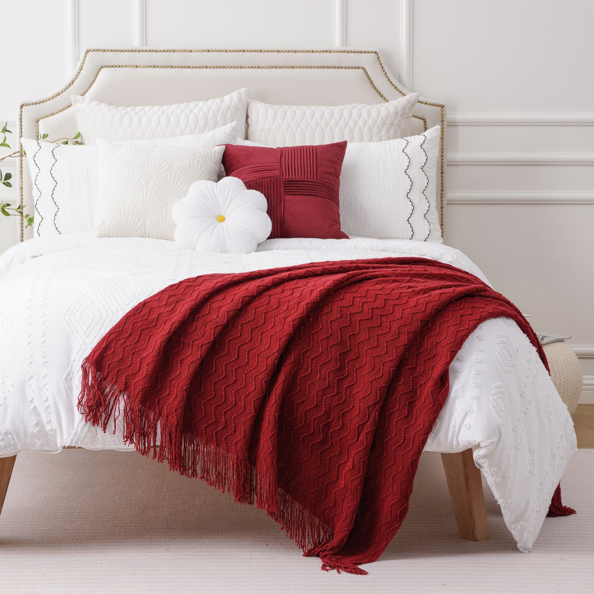 Reversible Sherpa Dark Red Blanket for Couch,Burgundy Knit Throw Blanket for Bedroom,Christmas Throw,50"x60" - Luxury Knitted Decorative Throw Blanket with Fringes Detail