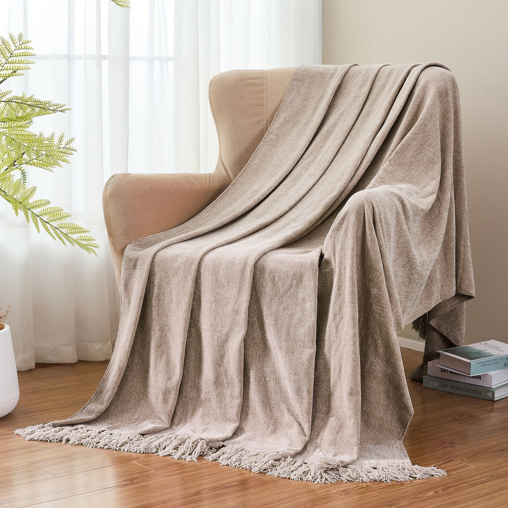 Reversible Sherpa Chenille Throw Blanket with Fringe Tassel for Couch Sofa Chair Bed, Taupe 50" X 60" - Lightweight Plush Warm Blanket for All Seasons Detail
