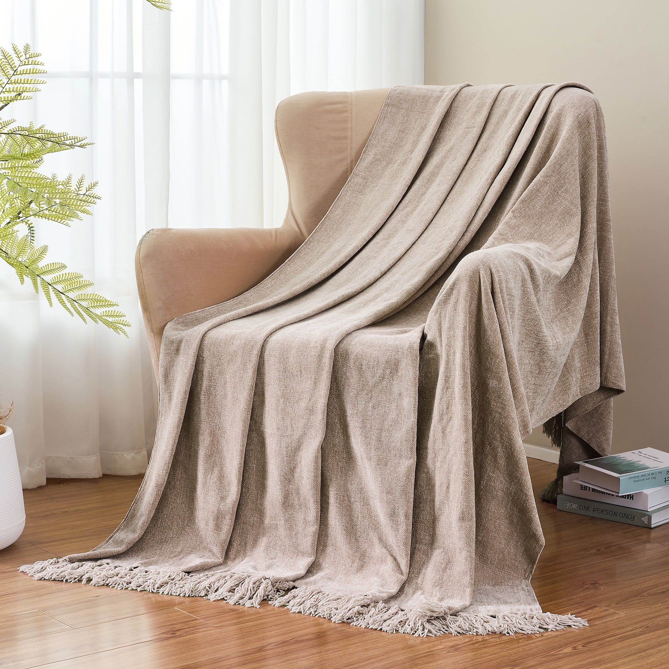 Reversible Sherpa Chenille Throw Blanket with Fringe Tassel for Couch Sofa Chair Bed, Taupe 50" X 60" - Lightweight Plush Warm Blanket for All Seasons Detail