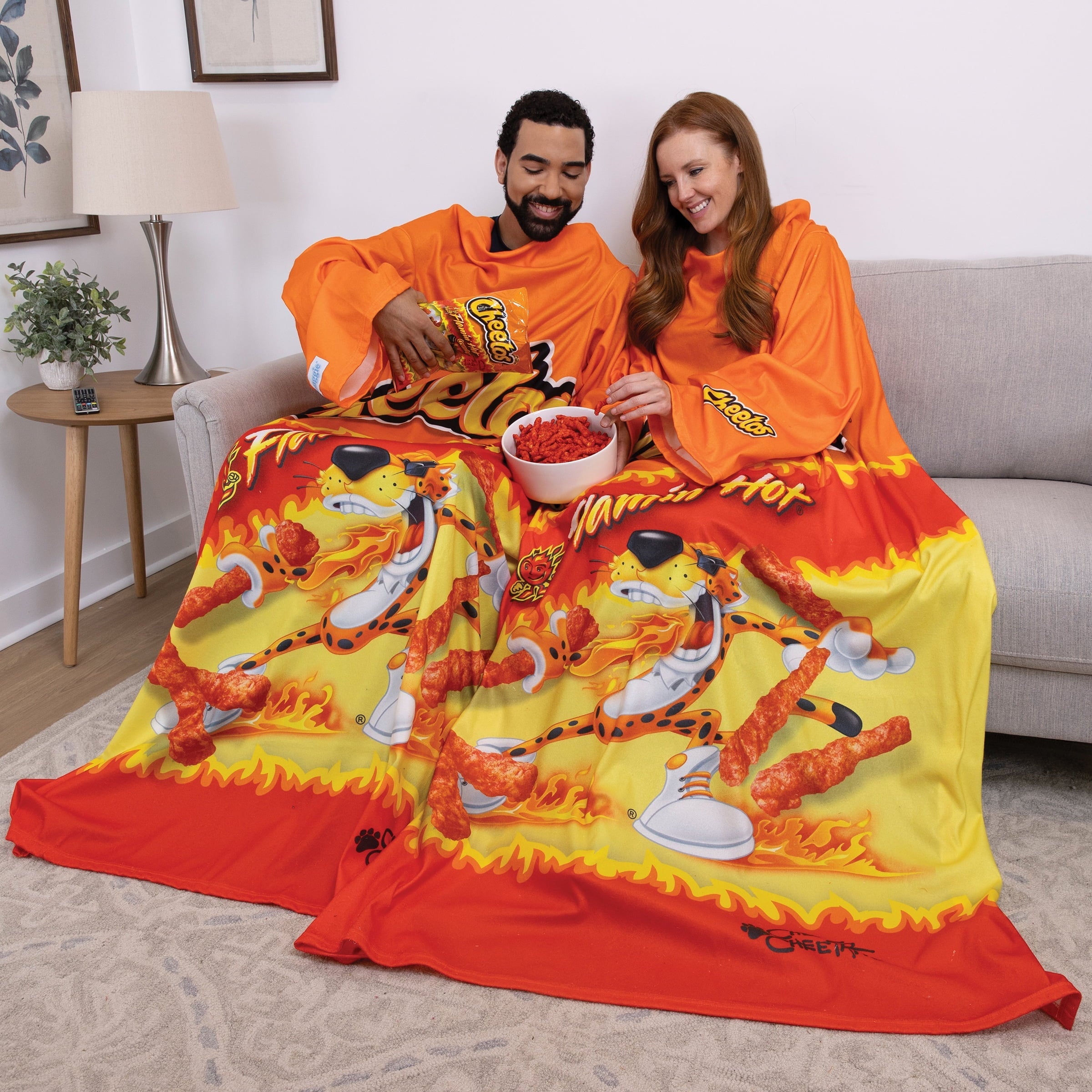 Reversible Sherpa Cheetos Flaming Hot Wearable Blanket - Luxury Knitted Decorative Throw Blanket with Fringes Detail