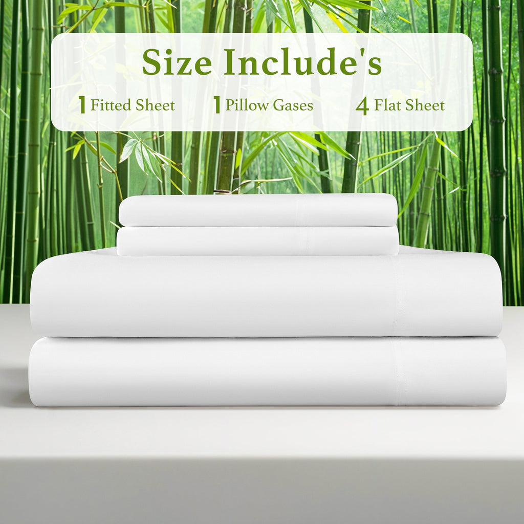 Cooling Sateen Bamboo Sheets Set, 4-Piece Queen Sheet Set with 16" Deep Pockets, Soft and Breathable Bed Sheets, White - Premium Ultra-Soft Pillowcase Pair for Sleeping Detail