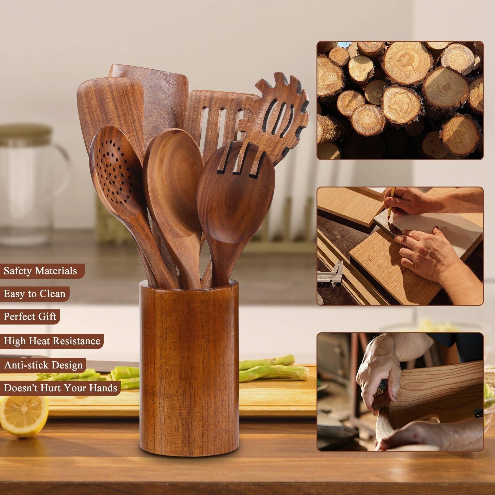 Non-Stick Safe Wooden Spoons for Cooking, 8 Pcs Natural Wooden Utensil for Cooking with Non-Stick, Heat Resistant, Wood... - Ergonomic Kitchen Tongs and Cooking Spoon Utensil Detail