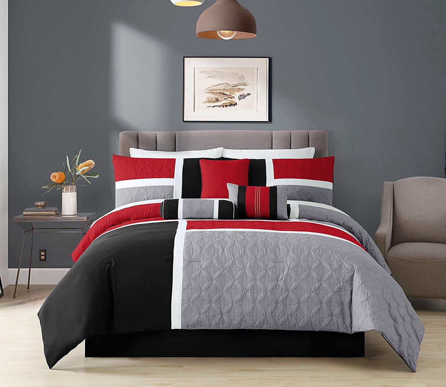 All-Season 7-Piece Medallion Patchwork Comforter Set, Full, Red/Gray/Black - Luxurious Quilted Duvet Cover Set Detail