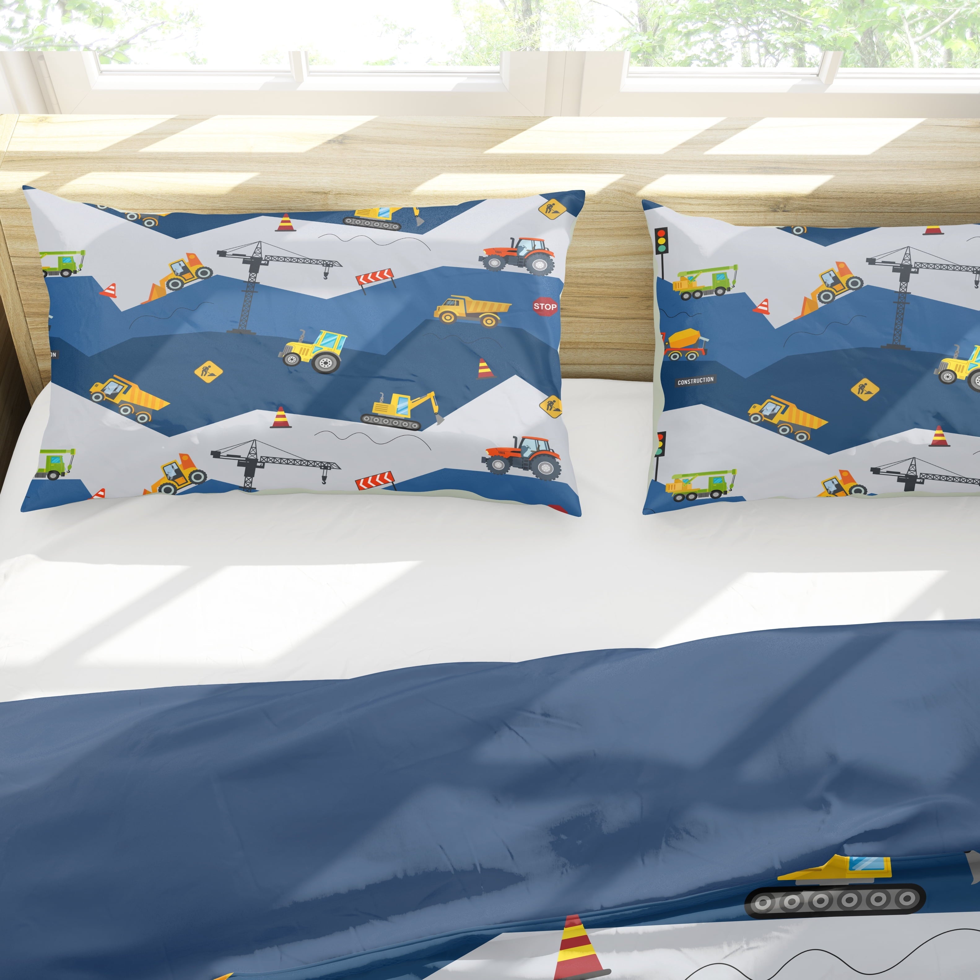 Luxurious Quilted Car Comforter Set Construction Bedding Set for Boys Kids Trucks Comforter Cartoon Car Excavator Tractor Blue 3Pcs Twin - All-Season Down Alternative Comforter Insert Detail