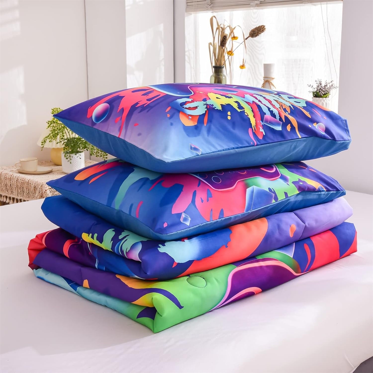 All-Season Purple Queen Gaming Comforter Sets for Boys Kids Bedding Sets Colorful Games Console Gamer Quilt Set - Luxurious Quilted Duvet Cover Set Detail