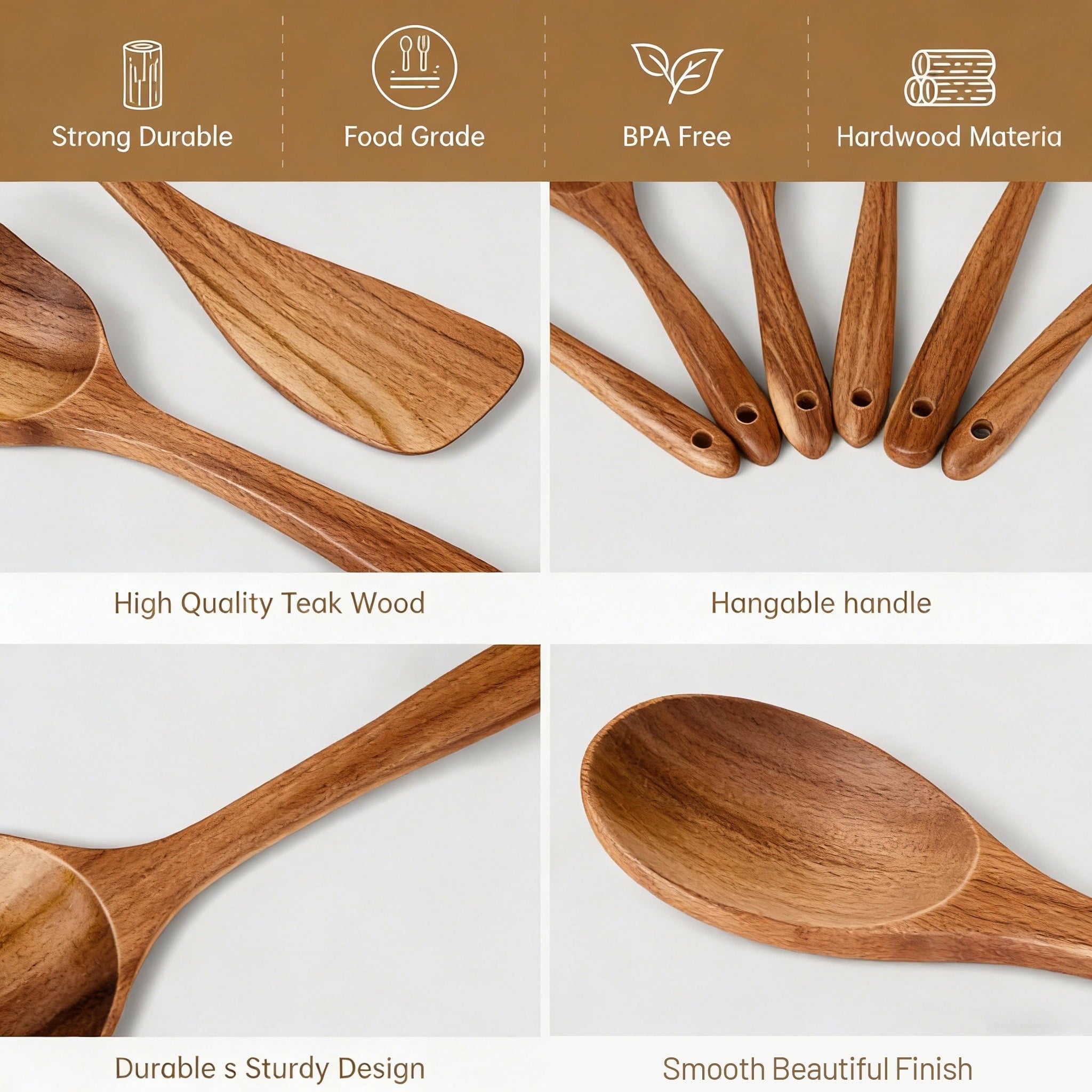 Non-Stick Safe Wooden Spoons for Cooking, 6 PCS Teak Wood Cooking Utensil Set, Wooden Kitchen Utensils for Nonstick Pans & Cookware,... - Heat-Resistant Silicone Cooking Spatula Turner Detail