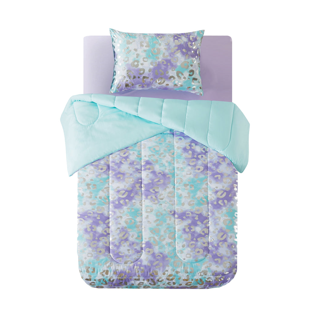 All-Season 5-Piece Purple Metallic Foil Cheetah Bedding Set for Kids with Storage Bag, Twin - Luxurious Quilted Duvet Cover Set Detail